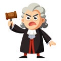 Cartoon judge with wig holding gavel in angry expression Royalty Free Stock Photo