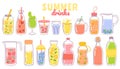 Cartoon juice and lemonade. Refreshing summer drinks with lemon in glass, bottle or jug. Fruit or berry beverages and