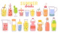 Cartoon juice and lemonade. Refreshing summer drinks with lemon in glass, bottle or jug. Fruit or berry beverages and cocktails Royalty Free Stock Photo