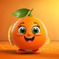 cartoon juicy tasty orange with funny face close up on orange background. The concept of kids food, vitamin C, health benefits,