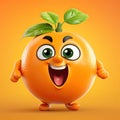 cartoon juicy tasty orange with funny face close up. The concept of kids food, vitamin C, health benefits, healthy eating