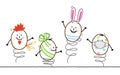 Cartoon Jumping Easter Eggs with Ribbon, Mask, Rabbit ears, Chicken look