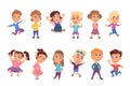 Cartoon jumping happy children. Funny kids, girl boys smiling child. Isolated little cheering kid, active school or