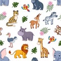 Cartoon jungle animal print. Lion, elephant and zebra. Kids wild zoo characters, safari leopard and horilla. Art cute