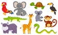 Cartoon jungle animals, wild african animal characters. Cute monkey, giraffe, elephant, toucan, zebra, koala, savannah Royalty Free Stock Photo