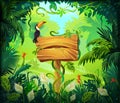 Cartoon jungle background. Tropical forest nature frame, game screen with wooden panel and green exotic leaves. Vector