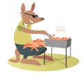 Cartoon kangaroo fries sausages on the grill illustration