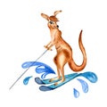 Cartoon kangaroo has water skiing watercolor illustration isolated on white. Royalty Free Stock Photo