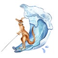 Cartoon kangaroo has water skiing watercolor illustration isolated on white.