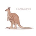 A cartoon kangaroo with a joey, isolated on a white background. Animal alphabet.