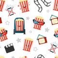Cartoon kawaii buckets of popcorn, clapperboard, smartphone and film roll, cinema seamless background