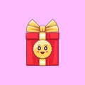 Cartoon kawaii Gift Box with Admiring face. Cute red Gift with golden Bowknot