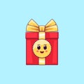 Cartoon kawaii Gift Box with Cheerful face. Cute red Gift with golden Bowknot