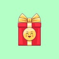 Cartoon kawaii Gift Box with Grinning face. Cute red Gift with golden Bowknot