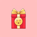 Cartoon kawaii Gift Box with Smile and Smiling eyes. Cute red Gift with golden Bowknot