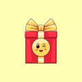 Cartoon kawaii Gift Box with Winking face. Cute red Gift with golden Bowknot