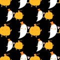 Cartoon kawaii Halloween seamless pumpkins and ghost pattern for wrapping paper and fabrics and linens and kids Royalty Free Stock Photo