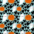 Cartoon kawaii Halloween seamless pumpkins and ghost pattern for wrapping paper and fabrics and linens and kids Royalty Free Stock Photo