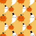 Cartoon kawaii Halloween seamless pumpkins and ghost pattern for wrapping paper and fabrics and linens and kids Royalty Free Stock Photo