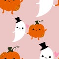 Cartoon kawaii Halloween seamless pumpkins and ghost pattern for wrapping paper and fabrics and linens and kids Royalty Free Stock Photo