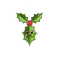 Cartoon kawaii Holly branch with Cheerful face. Cute Ilex leaf for Christmas celebration