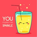 Cartoon kawaii lemonade. Cute drink character with typography you make me sparkle. illustration for romantic cards and prints