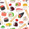 Cartoon kawaii sushi emoji character seamless pattern. Cute japanese food, rice roll with salmon, onigiri, soy sauce