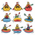 Cartoon kayakers paddling colorful kayaks, wearing life jackets helmets. Recreational water sports