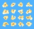 Cartoon kernels popcorn. Classic movie snack. Kernel salty pop corn, caramel sweetcorn, cinema snack food, set