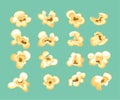 Cartoon kernels popcorn. Classic movie snack. Kernel salty pop corn, caramel sweetcorn, cinema snack food, set isolated