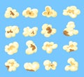 Cartoon kernels popcorn. Kernel salty pop corn, caramel sweetcorn in bucket for movie, cinema snack food, set isolated