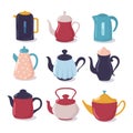 Cartoon kettle set. Teapot with spout kitchenware, household utensils vector collection