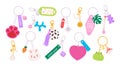 Cartoon keychains and keyrings. Decorative key holder with kawaii animals and symbols. Childish cute pendants and chains Royalty Free Stock Photo