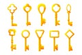Cartoon keys. Metal golden and steel vintage keys collection. Vector security tool illustration Royalty Free Stock Photo