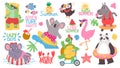 Cartoon kid animal summer vacation activity at beach. Koala surfer, flamingo and elephant swim on inflatable ring Royalty Free Stock Photo