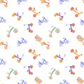 Cartoon kid bike seamless pattern for lifestyle design. Yellow, green, blue, purple kids bicycle.