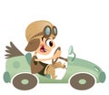 Cartoon kid boy with hat and eyeglasses driving retro car