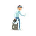 Cartoon kid character collecting empty plastic bottles into black bag. Volunteering concept. Smiling boy in blue jeans