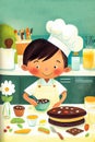 Cartoon kid chef cooking cake in the kitchen. Children\'s book illustration, generative ai