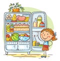 Cartoon kid and fridge with food, healthy eating or cooking concept, drawing, clipart