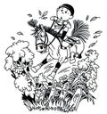 Cartoon kid jockey riding his pony