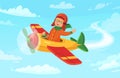 Cartoon kid pilot. Children aviator flying in airplane, little boy avia trip and airplane flight in sky vector Royalty Free Stock Photo