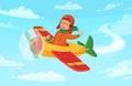 Cartoon kid pilot. Children aviator flying in airplane, little boy avia trip and airplane flight in sky vector illustration Royalty Free Stock Photo