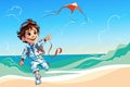 Cartoon kid pilot flying kite Royalty Free Stock Photo