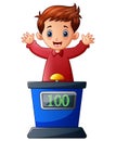 Cartoon kid playing quiz game answering question