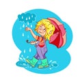 Cartoon kid playing in the rain. Vector illustration. Royalty Free Stock Photo
