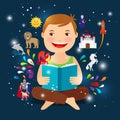 Cartoon kid reading fairy tale book Royalty Free Stock Photo