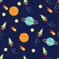 cartoon kid rocket galaxy pattern seamless