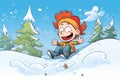 cartoon kid sledding down a hill of snow pines