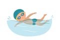 Cartoon kid swimming on a white background. Little boy swimmer in the swimming pool, kids physical activity